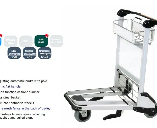 Three Rubber Wheel Stainless Steel Airport Luggage Trolley With Hand Brake