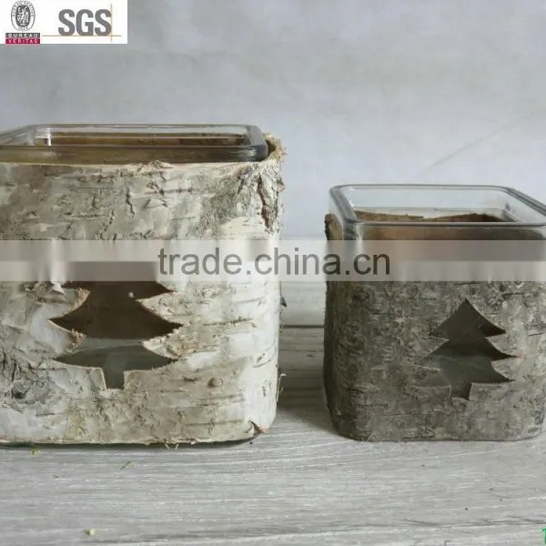 Natural Material Wooden Birch Bark Glass Candle Holder photo-2