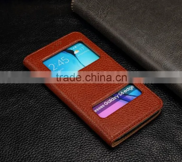 Genuine Leather Cover Window Display Stand Phone Flip Case For Samsung Galaxy S6 Edge photo-3