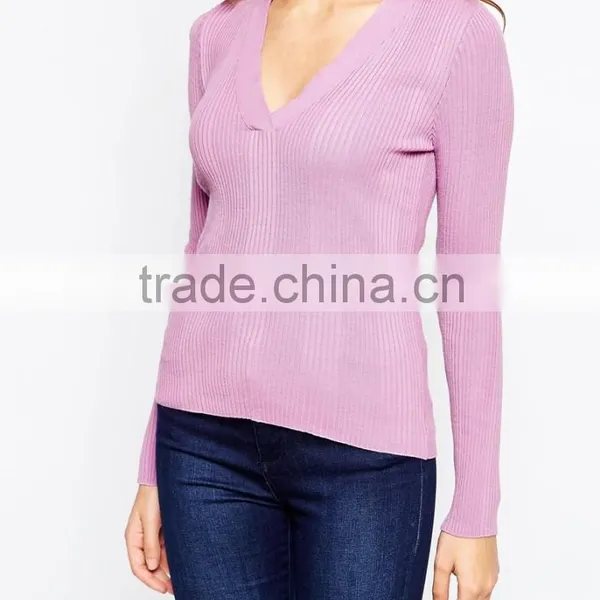 Deep V Sweater Sweater Women v Neck Thin Sweater Pink Casual v Neck Tight Sweater photo-3