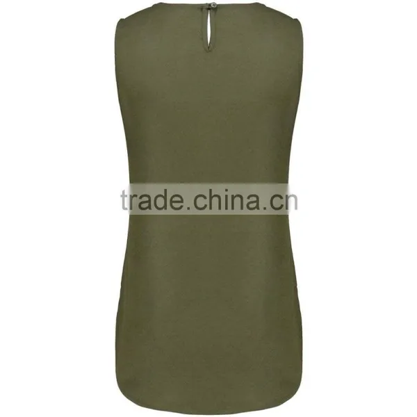 2016 Summer Plain Khaki Sleeveless Shell Tops For Ladies Latest Chiffon Plain Pockets Summer Tops photo-3