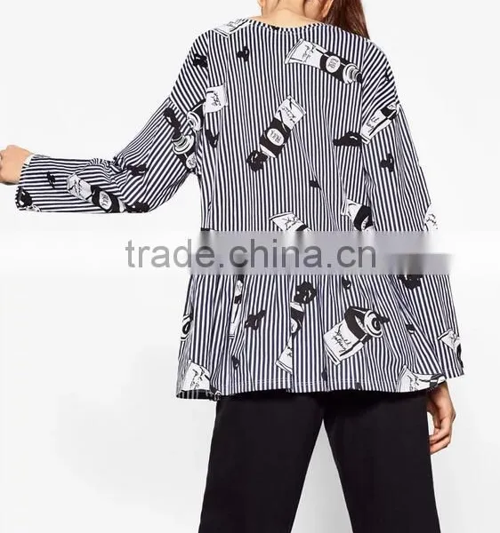 Runwaylover EY2374B Latest Designs Women Formal Blouse Blue Stripe Crane Print Animal Print Drop Shoulder 3/4 Sleeve Blouse photo-2