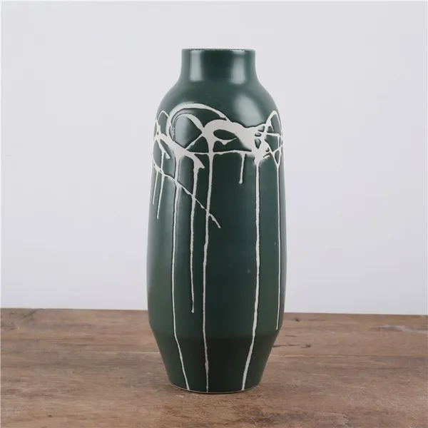 Dark Green Hand Carve Irregular Line Creative Ceramic Flower Vase Pot For Plant Decor photo-4