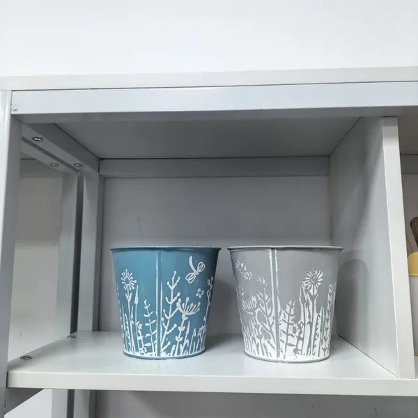 Blue & Grey Tapered Metal Planter Bucket With White Wildflower Print, Decorative Metal Flower Pot