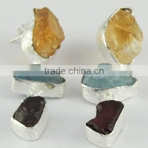 Designer Rough Citrine & Aquamarine & Garnet Silver Earring, Gemstone Silver Jewelry, Handmade Silver Jewelry photo-2