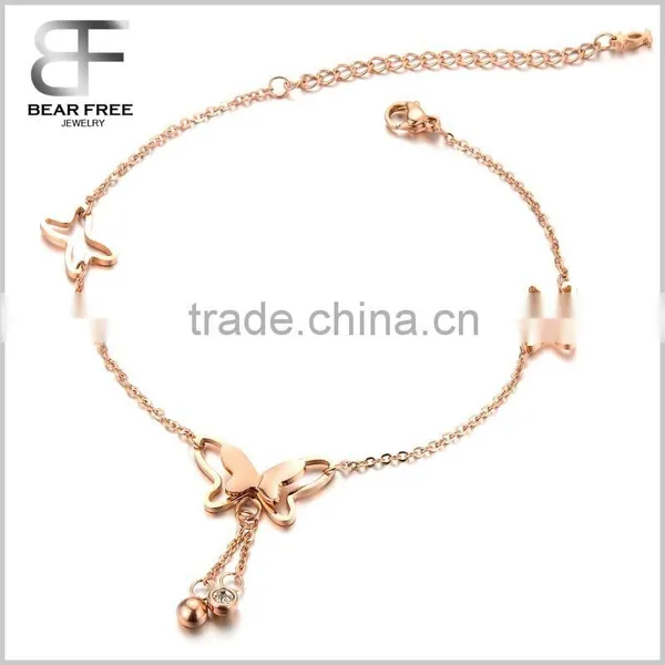 Rose Gold Plated Stainless Steel Butterfly Pendant Anklet Ankle Bracelet With Crystal Drop Tassel for Women