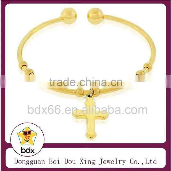 Wholesale PVD Gold Plated Fashion Religious Stainless Steel Jesus Cross Open Cuff Bangle Bracelet With Round Rosary Beads