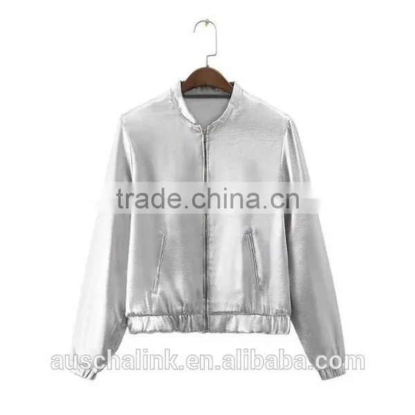 New Style Autumn Cheap Sliver Satin Plain Front Zipper Baseball Jackets photo-5