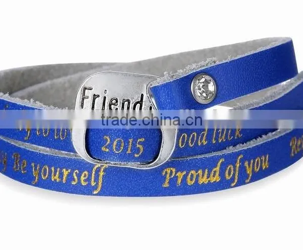 Hot Sale 2015 Leather Wrap Bracelet Custom Logo Letter Words Hand-stamped Leather Bracelet CZ Stone Pave Leather Wrap Bracelet photo-3