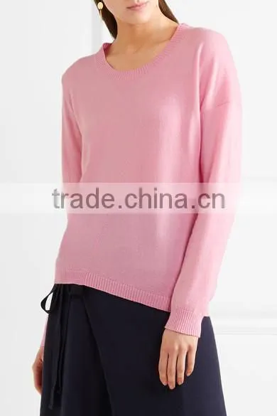 Crew Necked Pink Colored Asymmetrical Hem 100% Cashmere Sweater Women photo-2