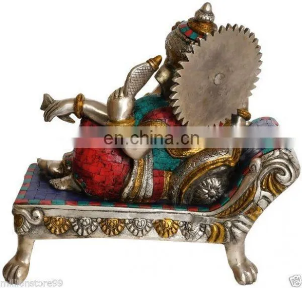 Indian Hindu GOD Ganesha Relax On Bed Stone Work 13" Brass Silver Hue Statue Hindu Art 12.2KG ELEPHANT Lord Ganesha Statue Decor photo-2