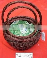 Brown Willow Basket With Handle & Liner for Set of 3