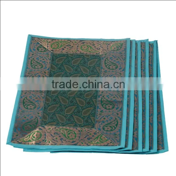 Indian Silk Table Runner With 6 Place Mats & 6 Coaster in Turquoise Color Size 16*62 photo-4