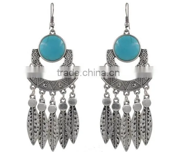 New Summer Style Ginasy Silver Geometry Turquoise Leaf Drop Tassels Dangle Earrings photo-4