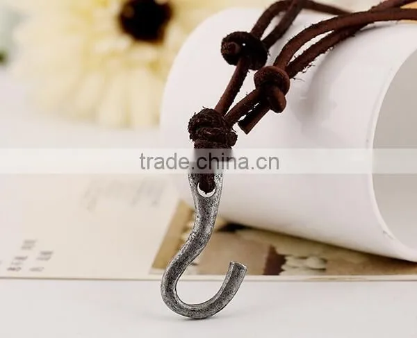 Vintage Real Cow Leather Fish Hook Pendant Bown Genuine Cowhide Necklace for Men photo-2
