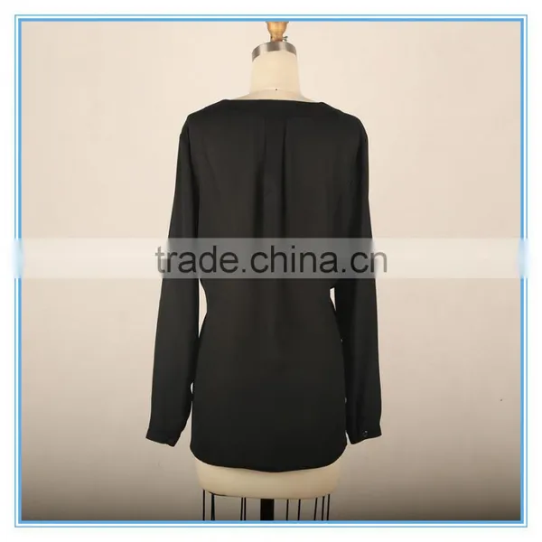 Black Simple Beaded Design Ladies New Fashion V Neck Chiffon Blouse 2016 photo-3