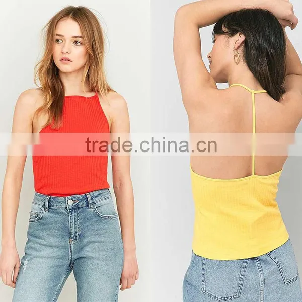 2017 Women's Best Black Ribbed Sleeveless Halter T-back High Neck Cami Tops photo-2