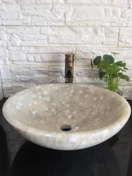 White Onyx Mosaic Bathroom Vessel Round Sink Stone Wash Basin photo-2