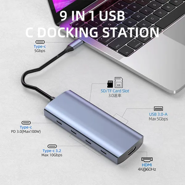 Aluminum 9-in-1 TYPE-C USB3.2 Gen2 HUB Docking Station photo-3