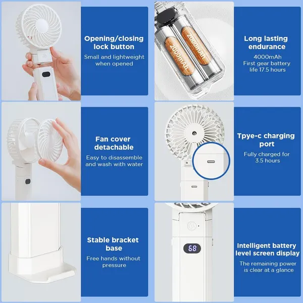 Portable Handheld Rechargeable Personal Fan - 4000mAh Battery, 3 Speed Settings, Compact & Lightweight for Outdoor, Travel, Office, and Home Use photo-5