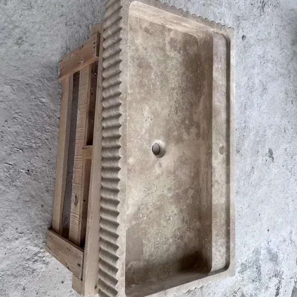 Luxury Unique Natural Yellow Rectangular Shape Travertine Stone Bathroom Marble Vessel Sink Vanity Wash Basin Garden Decor photo-4