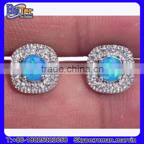 Rhodium Finish .925 Sterling Silver Synethic Blue Fire Opal Stud Earrings Wholesale photo-2