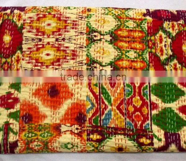 Patola Print Kantha Quilt Blanket Bedspread Reversible Throw Gudri Ralli Bohemian Quilt Blanket, Saree Patchwork photo-2