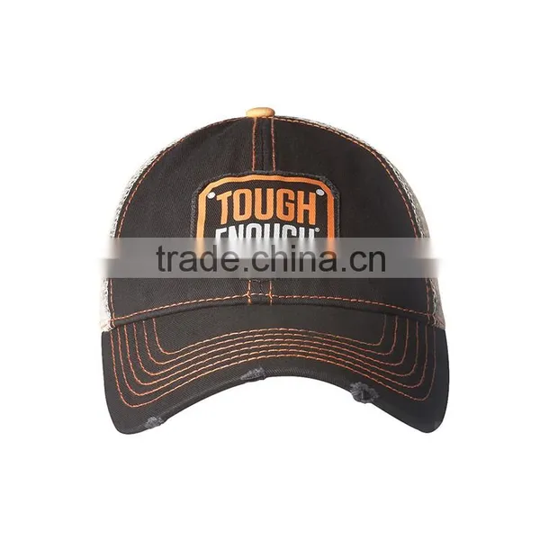 Wholesale Jean Fabric Embroidery Patch Logo Worn Out Trucker Mesh Cap photo-2