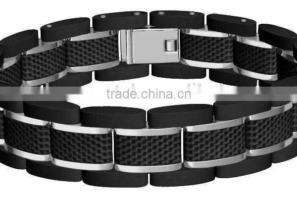 Fashion Men's Stainless Steel & Carbon Fiber Polished Bracelet Wholesale photo-6