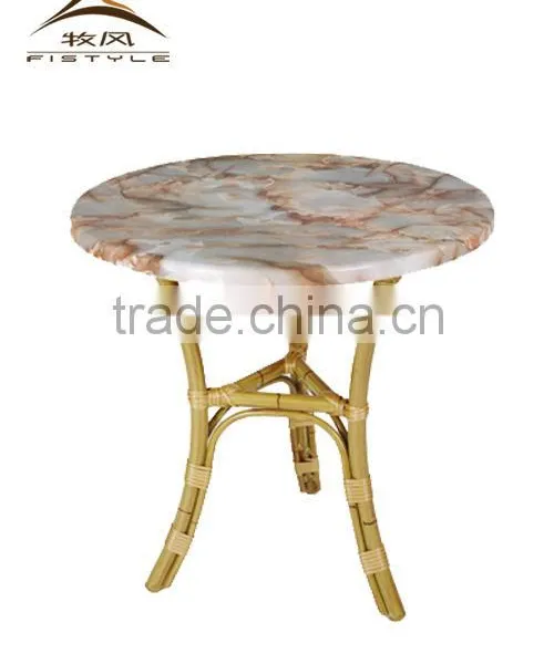Cast Aluminum Round Tube Woven Rattan Table With Marble MB2313