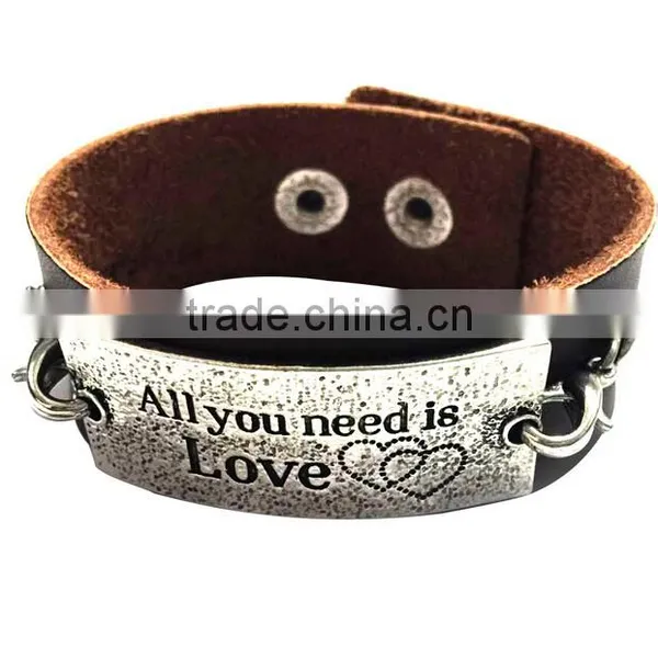 Brown/black Color Adjustable Bracelets,inspirational Words Metal Charm Cuff Bracelets,wide Leather Bracelet photo-4