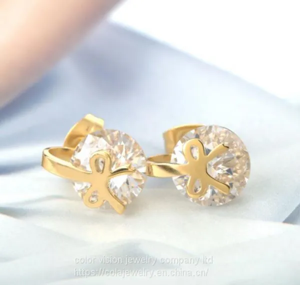 Fashion Jewelry Stainless Steel Bowknot Stud Earrings for Sweet Girls Diamond Earring
