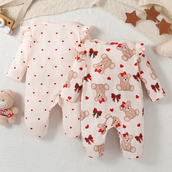 2pcs Newborn Baby's Bowknot Bear Print Long Sleeve Footie, Toddler & Infant Girl's Comfy Footed Romper Set For Spring Fall photo-2