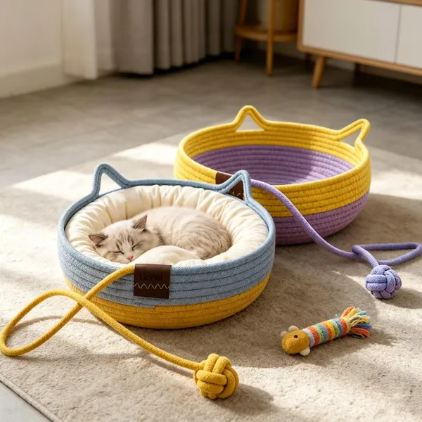Factory Prie Cotton Rope Cat Bed with Toy Ball, Cozy Woven Cat Basket, Natural Pet Nest for Indoor Cats