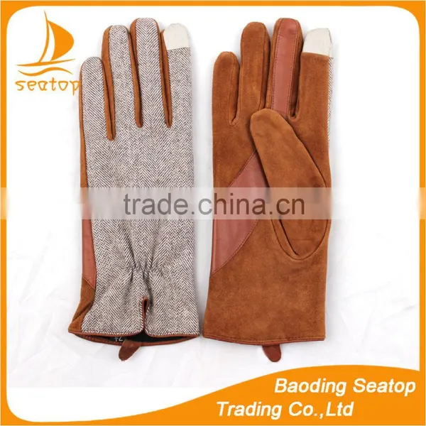 Women and Ladies Sheep Suede and Houndstooth Fabric Touch Screen Gloves