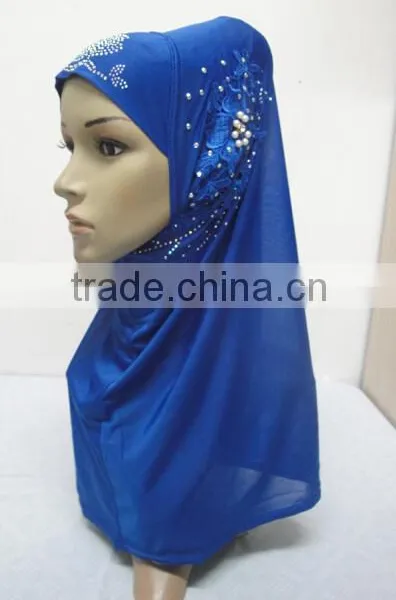 H299 Latest One Piece Instant Hijab With Lace and Rhinestones,muslim Scarf photo-2