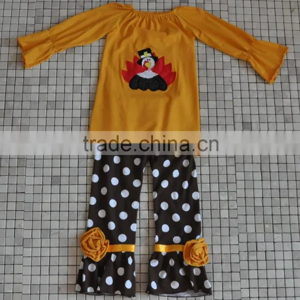 New Coming Brown Turkey Top Matching Orange and White Chevron Pants Thanksgiving Baby Clothes photo-5