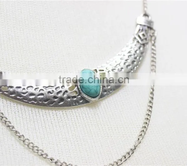 Anti-silver Folk w/ Blue Stone Statement Necklace Simple Chain Necklace 2016 Fashion Style Wholesale photo-3