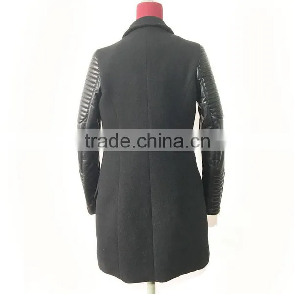 2016AW Woolen Garment Customized Woman's Fashion Long Biker Coats Embroidered PU Sleeve photo-4