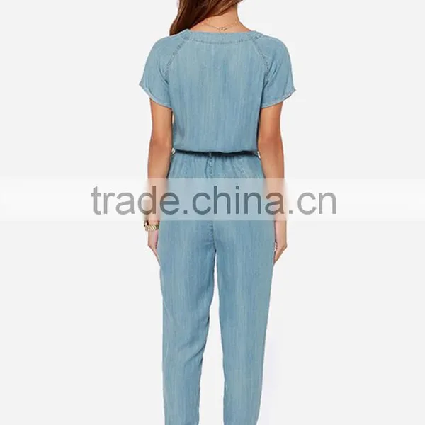 Women Sky Blue Belted Short Sleeve Slim Fit Jumpsuit Romper photo-3
