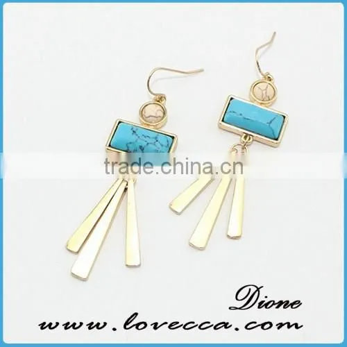 New Style 2016 Natural Stone Square-Cut Turquoise Rivet Chandelier Fringe Crystal Earrings photo-3