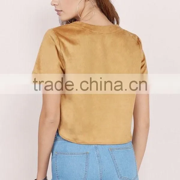 Born Free Tan Faux Suede Lace Up Short Sleeve Crop Top photo-3