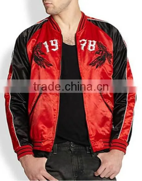 Embroidered Satin Bomber Jacket,sporty Cool Jacket,rib Collar and Sleeve Cuff Jacket photo-3