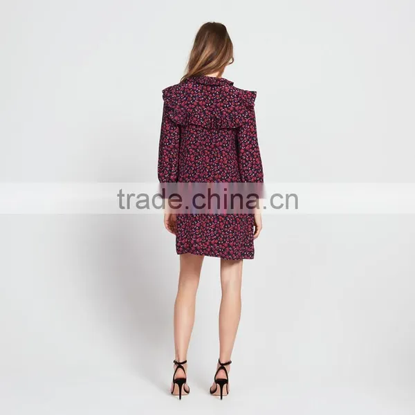 Ruffled at Neck and Cuff, Ladies Round Neck and Long Sleeve Dress photo-3