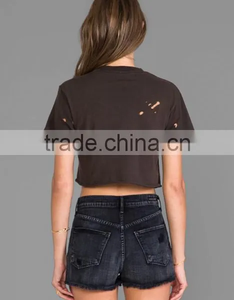 Intentional Holes Throughout Raw Cut Hem Crop T-shirts photo-3