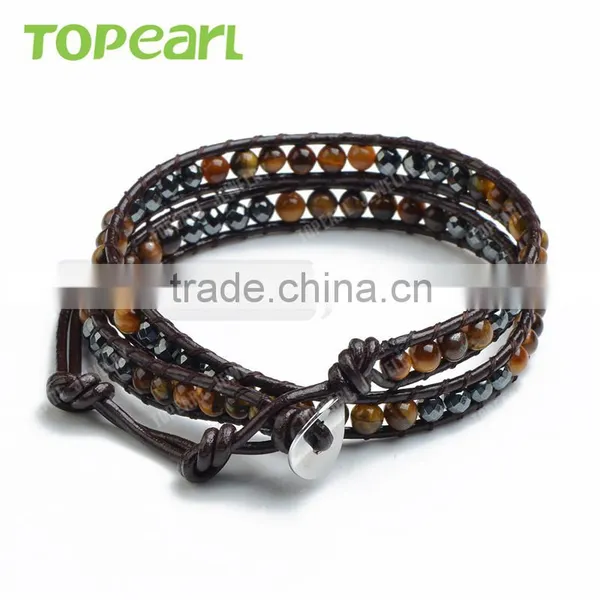 Topearl Jewelry Tiger Eye Hematite Fashion Bracelet Woven Leather Wrap Bangle 13.5 Inches CLL128 photo-2