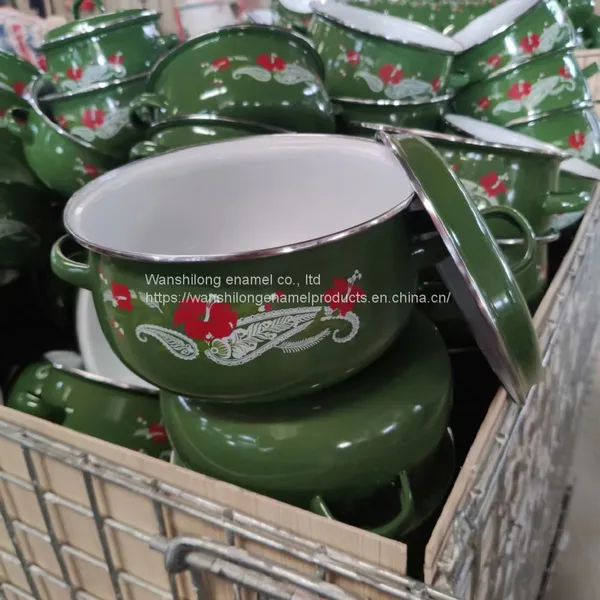 Green Decal Enamel Cookware Pot 5 Pcs Enamel Casserole Set Double Handle Stock Belly Pot With Lid photo-2