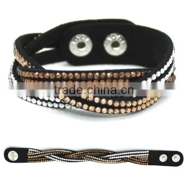 Hot Sale Women Rhinestone Hard Leather Bangle Bracelet photo-2