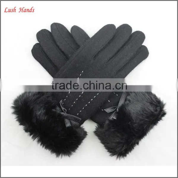 Women Woolen Cheap Hand Gloves Winter Dress Gloves With Black Fake Fur photo-3