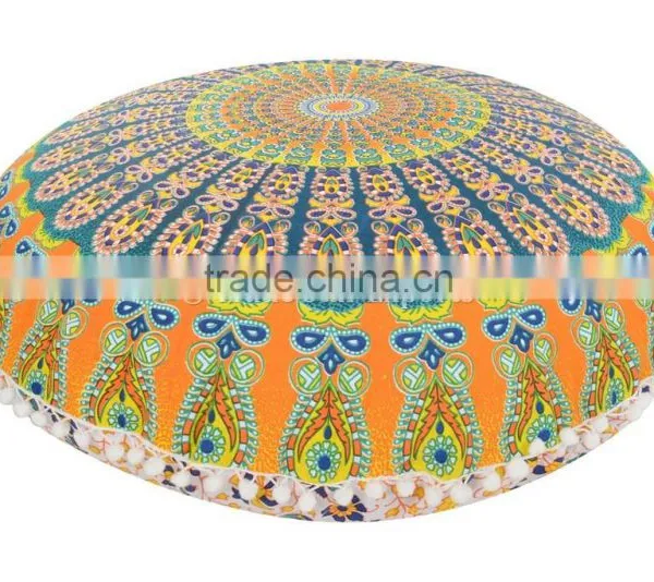 Indian Mandala Floor Cushions Round Ombre Large Pillow Cover Decorative Throw Pillows Pom Pom Roundie Boho Outdoor Cushion Cover
